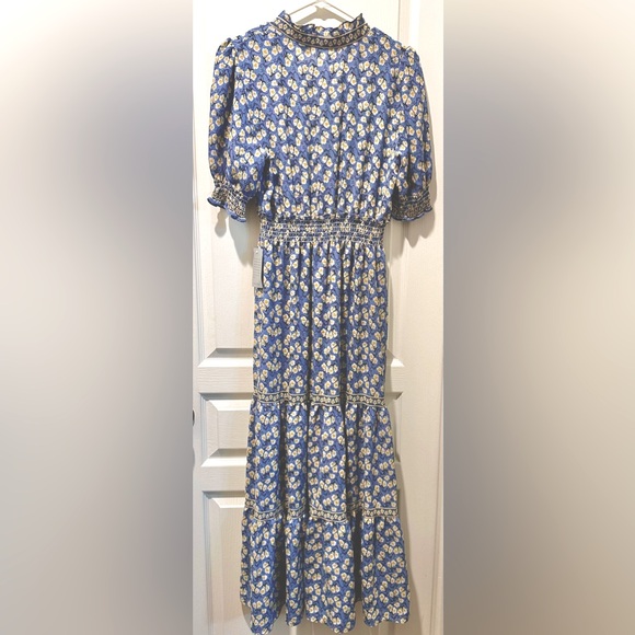NWT Max Studio Ruffle Collar Print Tiered French Blue/Marigold Floral Maxi Dress - Picture 6 of 9
